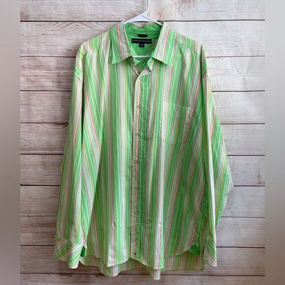 VINTAGE TOMMY HILFIGER SHIRT IN BRIGHT LIME GREEN STRIPES - Picture 1 of 8